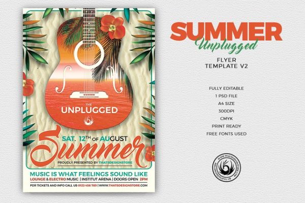 夏季电吉他独奏音乐表演宣传PSD模板V2 Summer Unplugged Flyer PSD V2