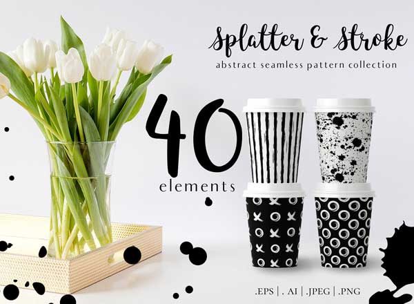 泼墨斑点&amp;毛笔笔迹纹理素材 Paint Splatter &amp; Stroke, 40 Patterns