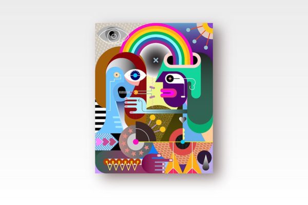 彩虹下的两个人抽象手绘矢量插画 Two people under a rainbow vector illustration