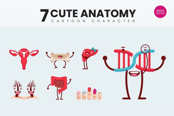 7个人体解剖图卡通形象矢量插画v3 7 Cute Human Anatomy Vector Illustration Vol.3