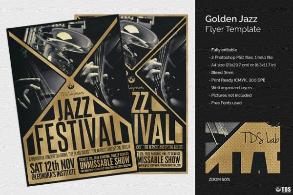 金色爵士音乐活动传单PSD模板 Golden Jazz Flyer PSD
