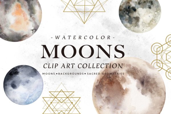 月亮水彩图案素材 Watercolor Moons