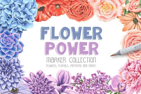 高质素记号笔手绘花卉素材[元素+纹理+花饰框] Flower Power Marker Collection Pro