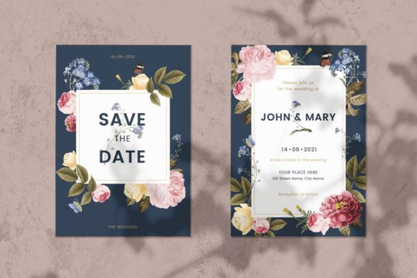 花卉装饰婚礼邀请函设计模板 Floral Wedding Invitation Card Template