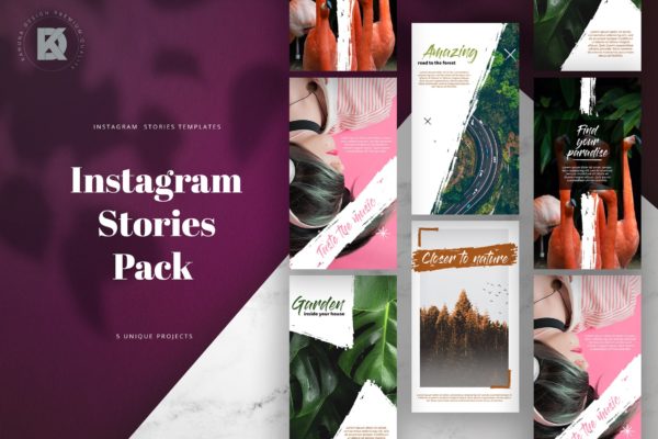笔刷几何图案Instagram品牌故事设计素材 Brush Instagram Stories Pack