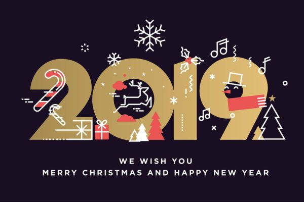 圣诞节&amp;2019新年创意数字贺卡海报设计模板 Merry Christmas and Happy New Year 2019