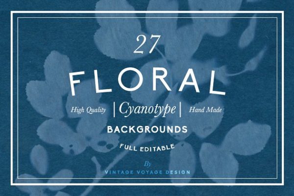氰版风格花卉背景素材 FLORAL Cyanotype backgrounds