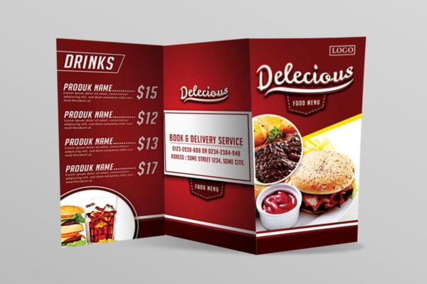 红色汉堡西式快餐菜单/传单设计模板 Delecious food menu flyer