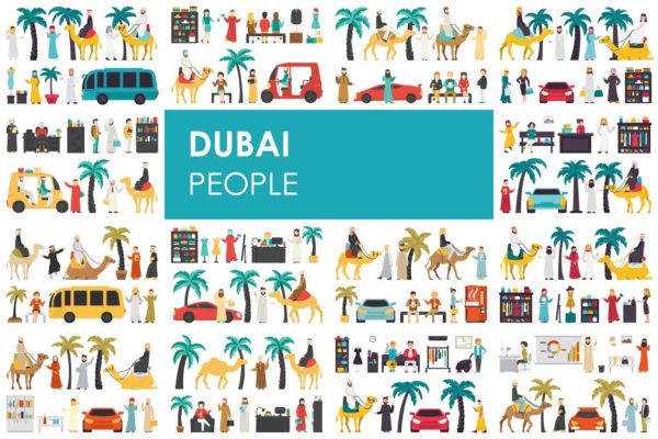 迪拜人物风情扁平化设计插画 Dubai &#8211; flat people set