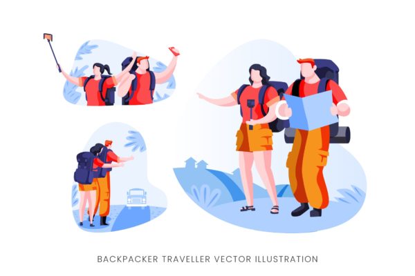 背包旅行者人物形象矢量手绘素材 Backpacker Traveller Vector Character Set