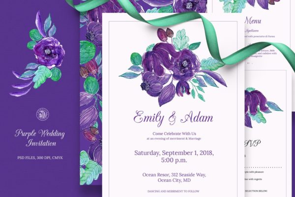 紫色花卉婚礼邀请函设计模板 Purple Wedding Invitation Set