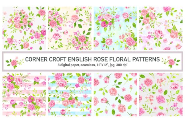 英国玫瑰水彩插画背景素材 Watercolor English Rose Pattern