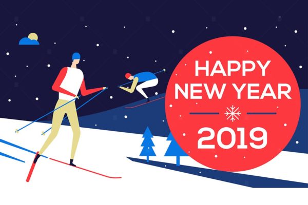 滑雪场景新年主题扁平化设计风格矢量插画 Happy new year 2019 &#8211; flat design illustration