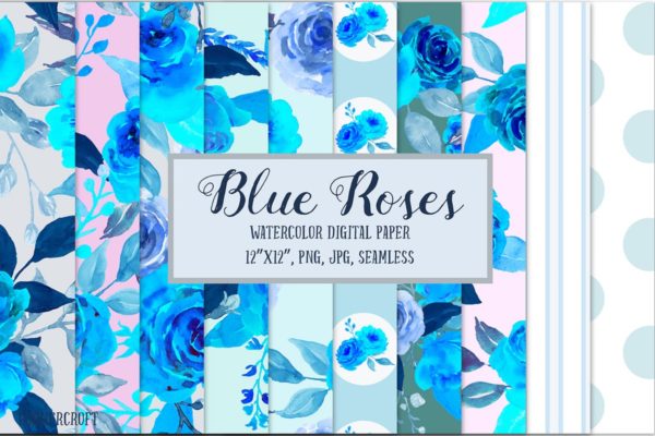蓝玫瑰水彩花卉无缝图案合集 Watercolor Pattern Blue Rose
