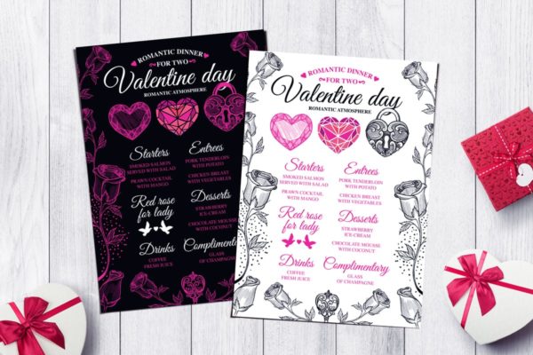 情人节主题餐厅套餐菜单设计PSD模板 Valentine&#8217;s Day Menu Template