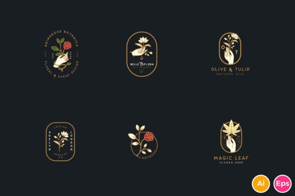 优雅花卉植物手绘Logo设计模板v1 Elegant Floral Botanical Hand Logos Vol.1