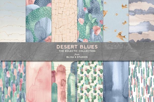沙漠/旱地/仙人掌水彩插画图案纹理 Desert Blues Cactus Watercolors