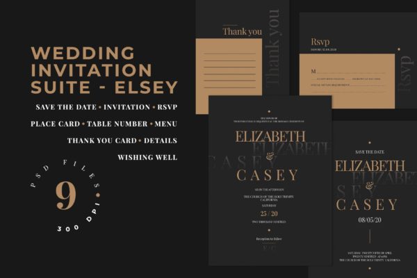 高端酷黑设计风格婚礼邀请设计套件 Wedding Invitation Suite &#8211; ELSEY