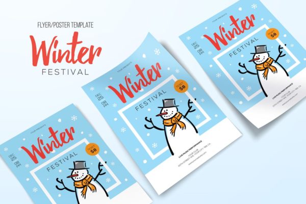 简笔画小雪人手绘图案冬天主题海报传单设计模板 Winter Festival