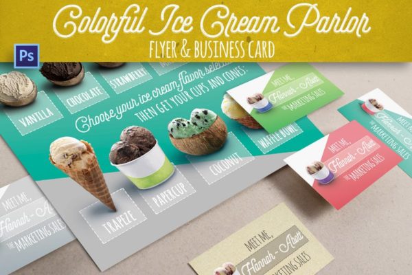雪糕店宣传pop海报&amp;名片设计模板素材 Modern Ice Cream Parlor Flyer