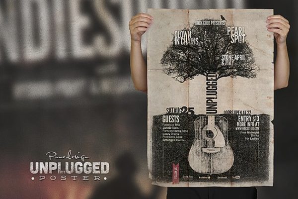 复古做旧吉他音乐会宣传单模板 Unplugged &#8211; Poster