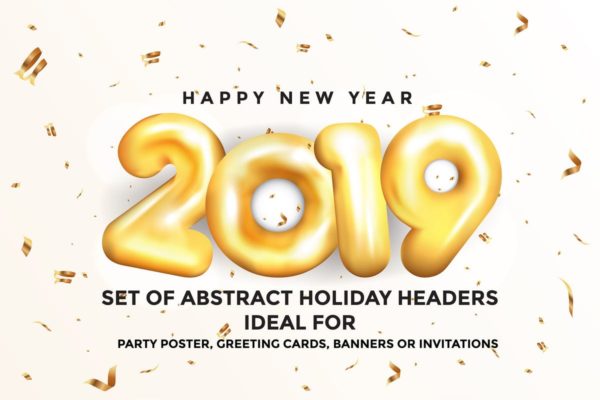 2019年新年金色数字贺卡海报设计模板 Happy New Year 2019 Golden Greeting Cards