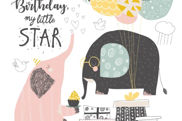 可爱大象手绘插画生日贺卡设计模板 Vector Greeting Birthday card with cute elephants