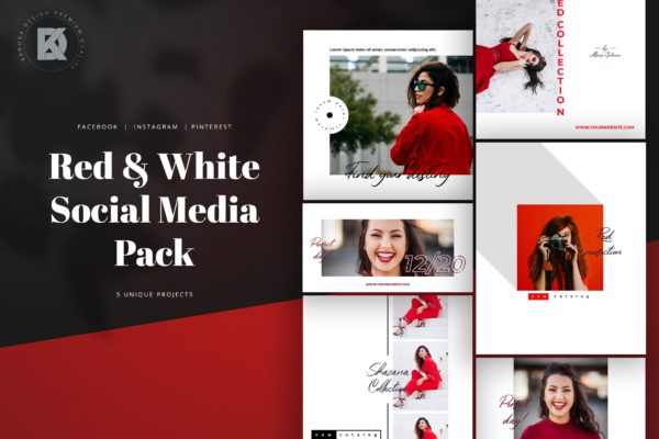 红白配色社交媒体设计素材包 Red &amp; White Social Media Pack