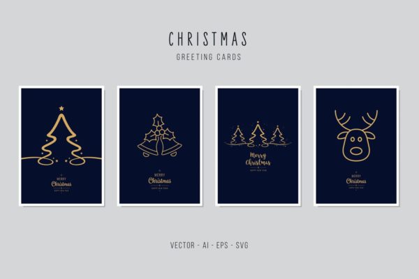 圣诞树/铃铛/鹿角简笔画手绘图案圣诞节贺卡矢量设计模板集 Christmas Greeting Vector Card Set