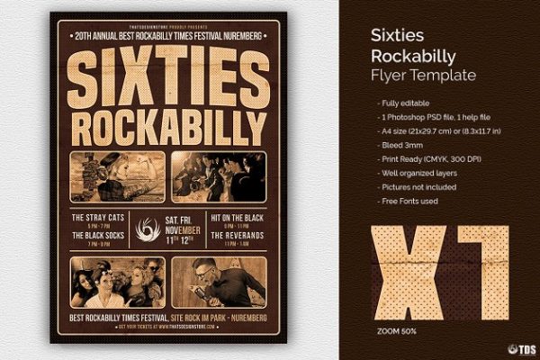 六十年代摇摆舞音乐会传单PSD模板 Sixties Rockabilly Flyer PSD