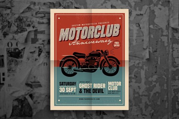 复古机车俱乐部活动海报传单模板 Retro Motorclub Event Flyer