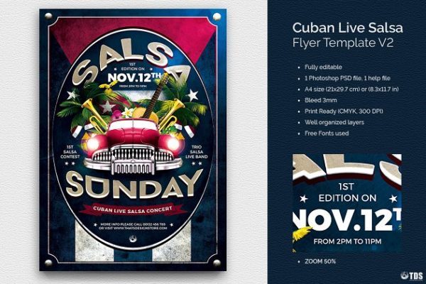 古巴萨尔萨舞曲现场活动海报传单模板v2 Cuban Live Salsa Flyer PSD V2