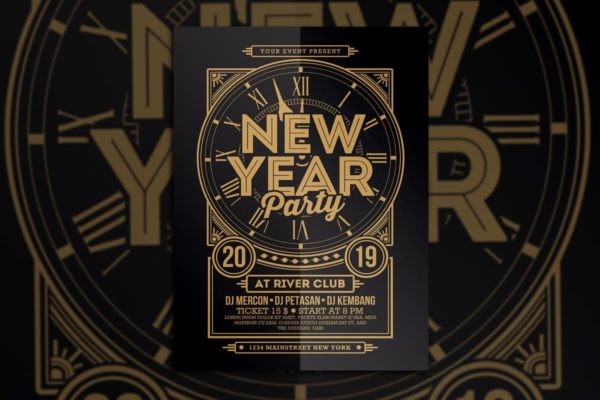 2019新年主题黑金设计风格海报设计模板 New Year Party 2019