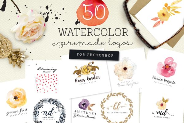 50组预制水彩Logo设计模板 50 Premade Watercolor Logos