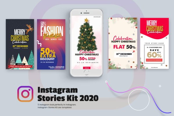 Instagram社交平台圣诞节主题品牌故事设计素材包 Creative Christmas Instagram Stories Kit 2019