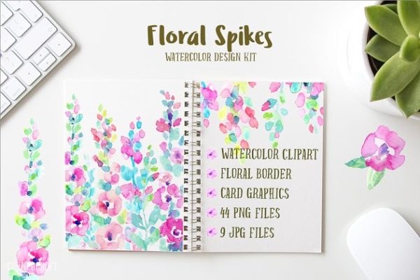 水彩花卉插画设计套件 Watercolor Design Kit Floral Spikes