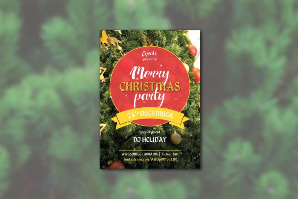 圣诞树背景圣诞节主题传单版式设计模板 Merry Cristmas Party Flyer