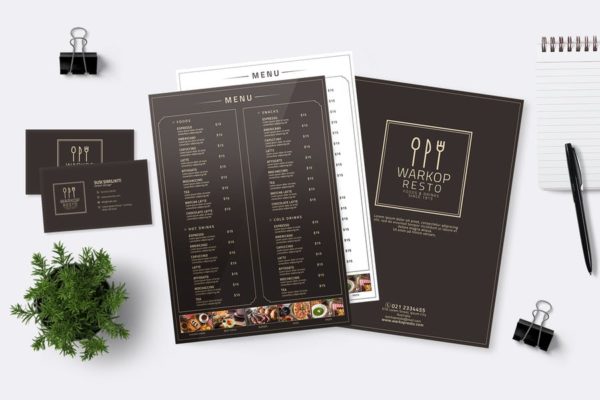 极简主义餐厅菜单&amp;企业名片设计模板 Minimalist Food Menu &amp; Business Card