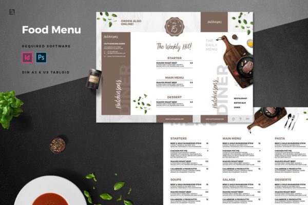 三折页西餐厅菜单设计模板素材 Trifold Restaurant Menu