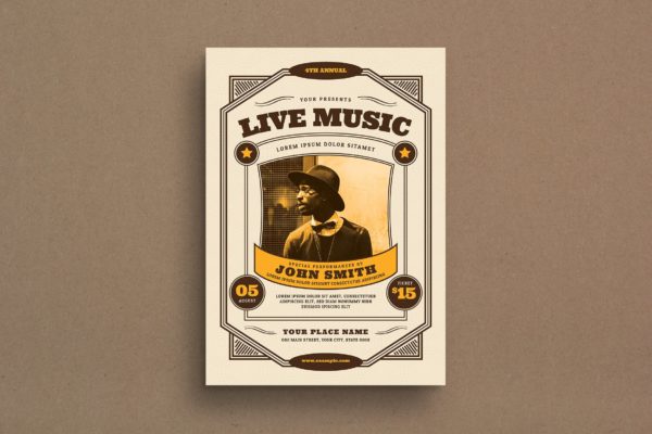 复古风格音乐演出活动海报传单设计模板 Vintage Live Music Event Flyer