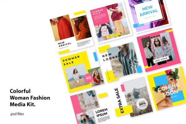 适合时尚品牌营销的社交媒体设计素材包 Social Media Kit Colorful Fashion Woman