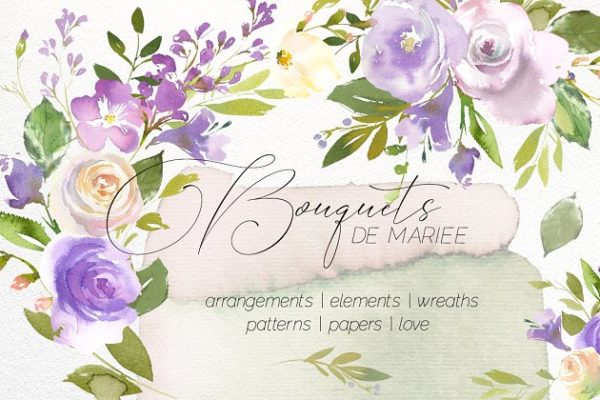 水彩花卉设计素材合集（剪贴画、纹理、纸张等） Bouquets de Mariee Watercolor Set