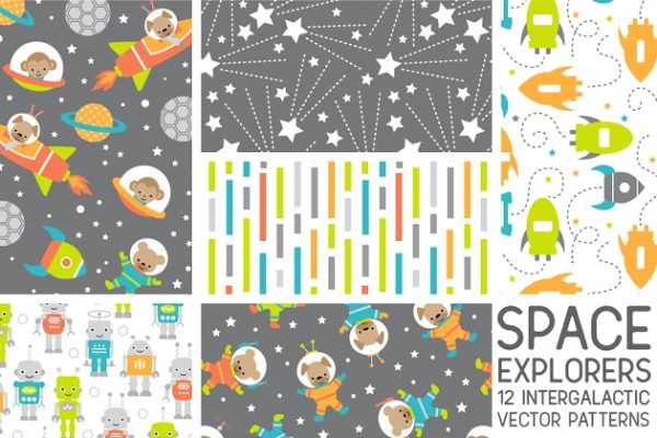 可爱现代太空元素图案纹理素材 Cute Modern Space Explorers Patterns