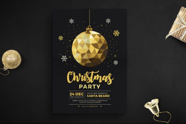 金色圣诞装饰球圣诞节庆祝活动海报传单设计模板 Gold Christmas  Celebration Flyer