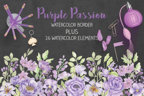 紫色水彩花卉边框&amp;元素剪贴画PNG素材 Purple Watercolor Floral Border Plus Elements