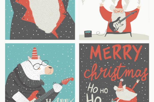 摇滚圣诞老人手绘图案圣诞节贺卡设计模板 Set of Christmas card with rock n roll Santa Clau