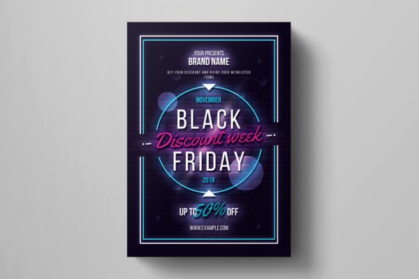 霓虹灯设计风格黑色星期五促销广告海报传单设计模板 Black Friday Flyer Template