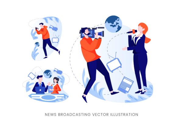 新闻广播工作者人物形象矢量手绘素材 News Broadcasting Vector Character Set