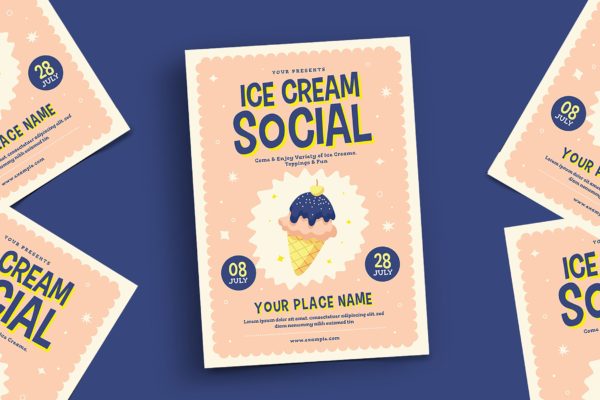 冰淇淋品鉴活动宣传海报传单设计模板 Ice Cream Social Flyer