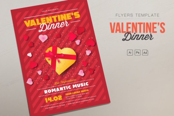 浪漫情人节烛光晚餐预约传单海报PSD模板 Valentine&#8217;s Dinner Flyers